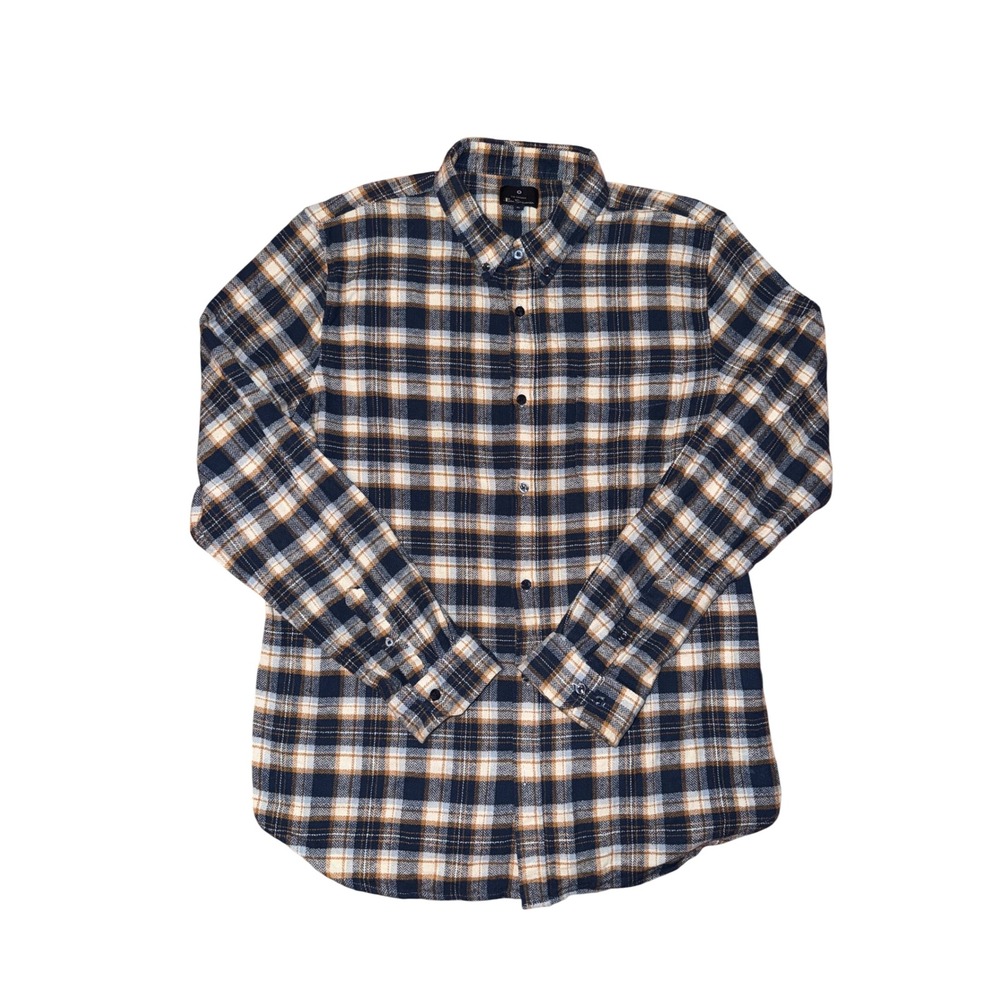 Ben Sherman Mens XL Plaid Flannel‎ Shirt Navy Blue Tan Button Down